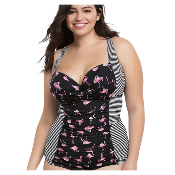 Torrid Black Striped Flamingo Print Tankini Top Sz 3X - Picture 1 of 7
